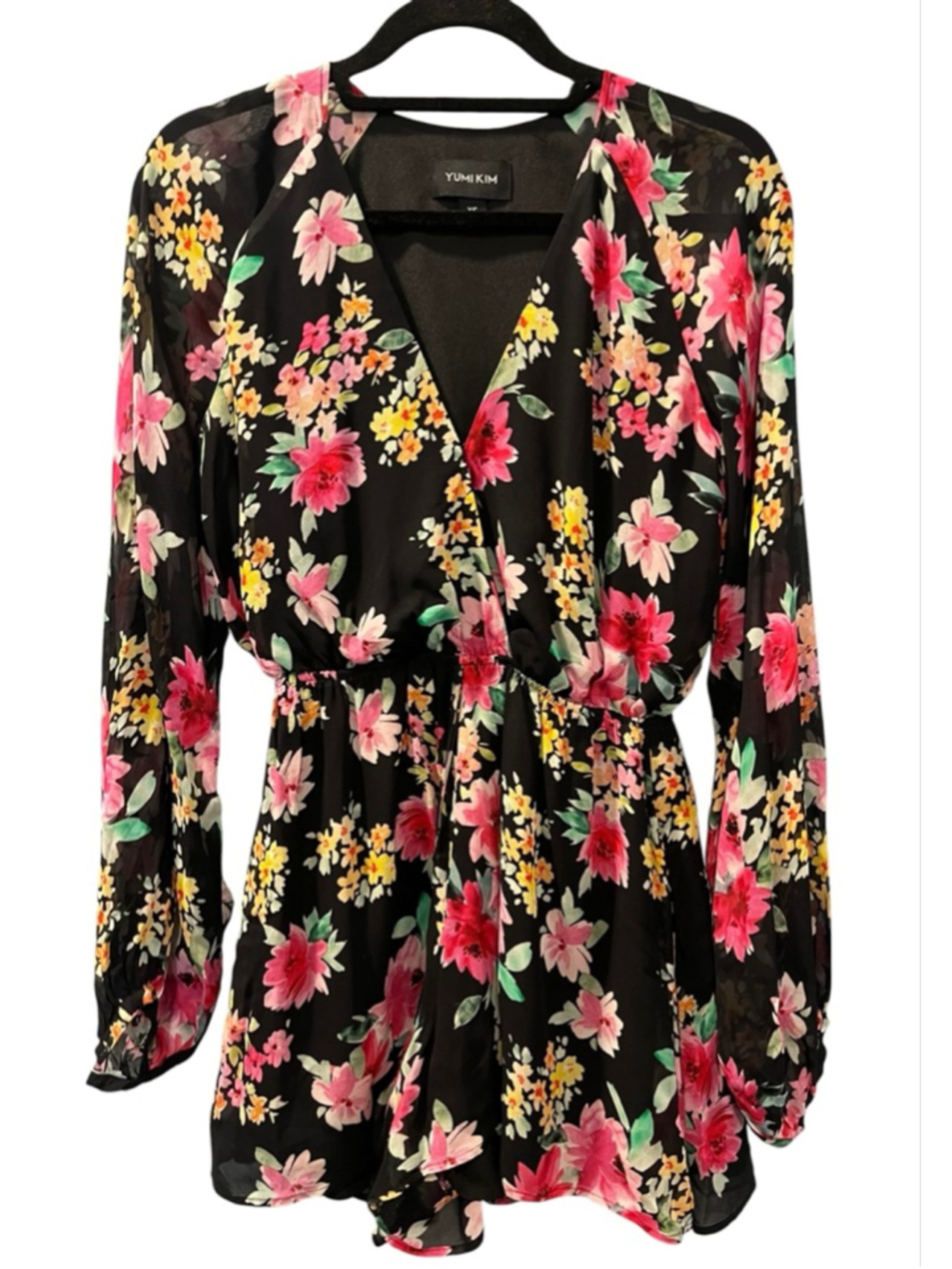 Yumi Kim Naomi Black Floral Romper Size XS Kingston Garden V-Neck Sheer Sleeves